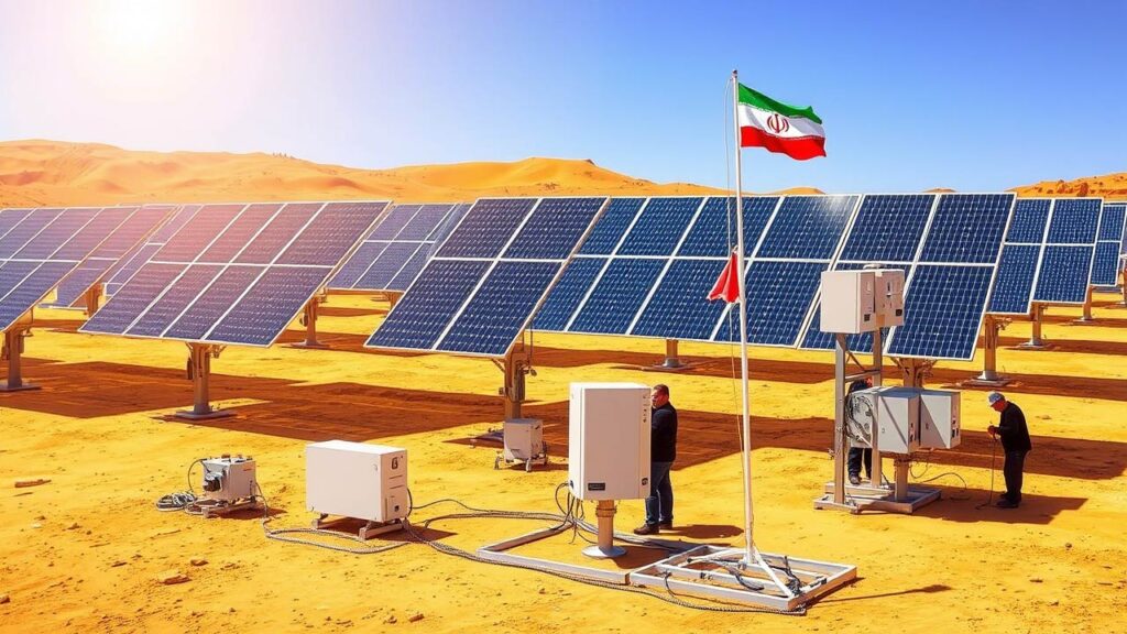 نیروگاه خورشیدی در ایران با پنل‌های خورشیدی در بیابان و پرچم ایران