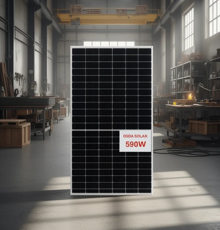 تصویر پنل خورشیدی 590 وات بایفشیال اوسدا در محیط انبار