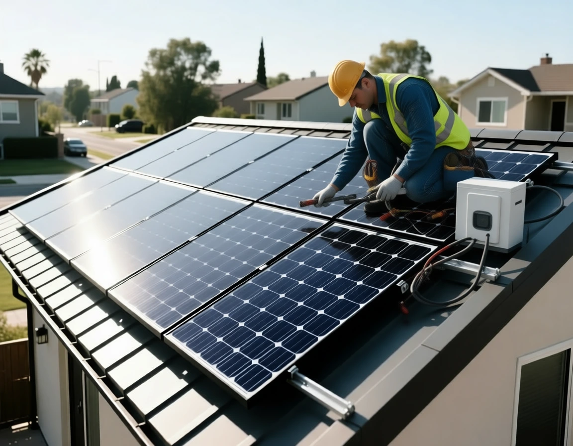 نیروی کار در حال نصب پنل خورشیدی بر روی پشت بام خانه-پکیج خورشیدی 10 کیلووات خانگی