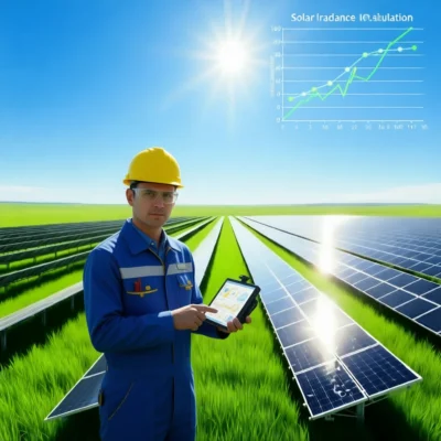 مهندس در حال بررسی تابش خورشید در محل احداث نیروگاه زیر نور مستقیم آفتاب.