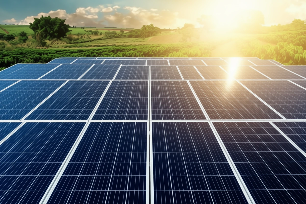 تابش خورشید در مزرعه پنل‌های خورشیدی در بیابان با نمودار شدت تابش در طول روز زیر آسمان آفتابی.